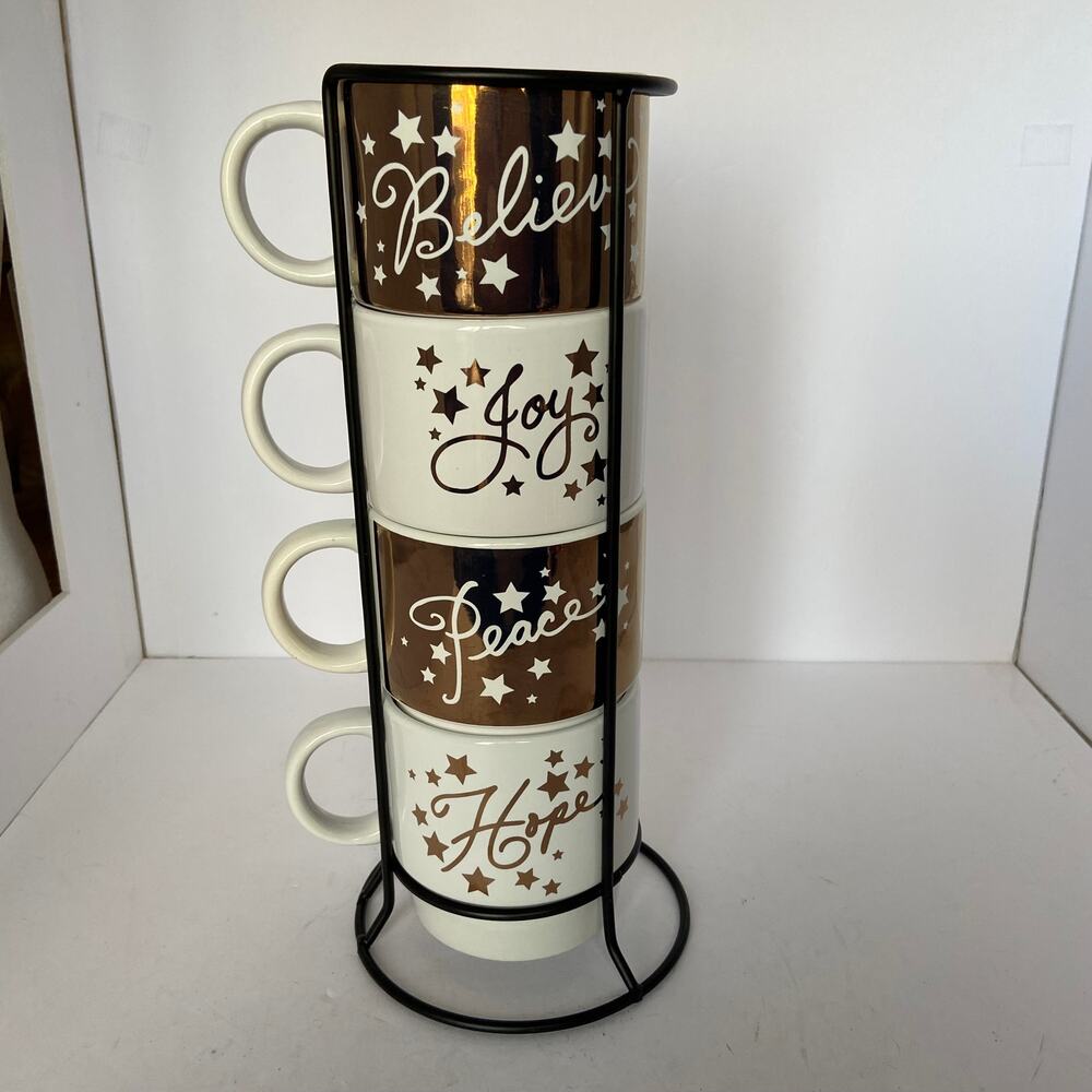 Signature Housewares Cups in Rack Believe Hope Joy Peace Coffee Bar Stand Cave